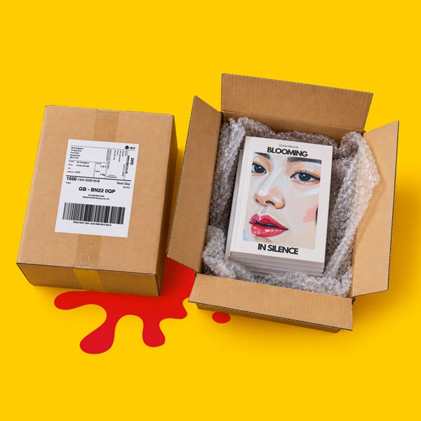 Two boxes on yellow: one closed with a shipping label, one open with books and bubble wrap inside.