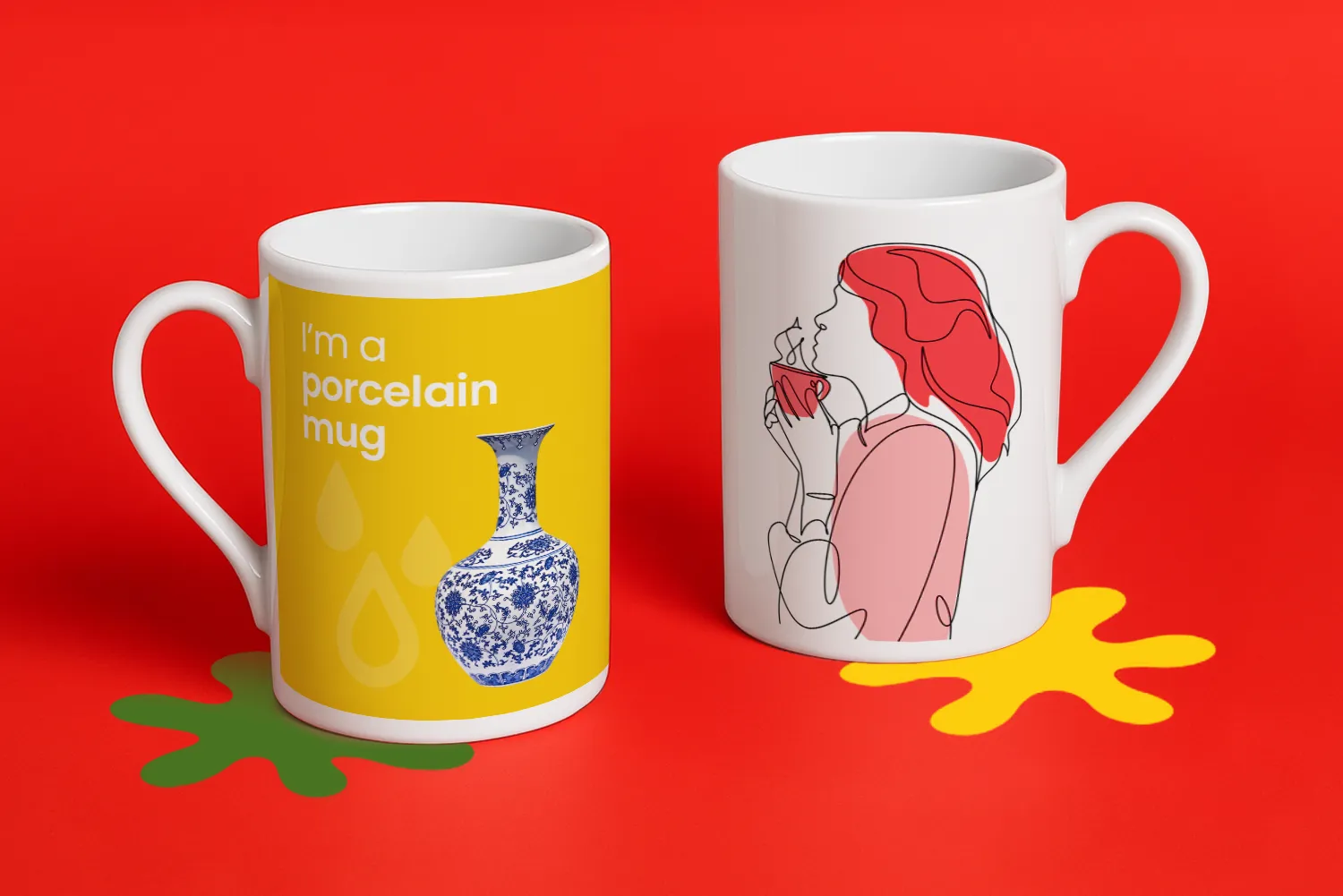 Two white mugs on a red surface, each with a different colourful design and illustration.