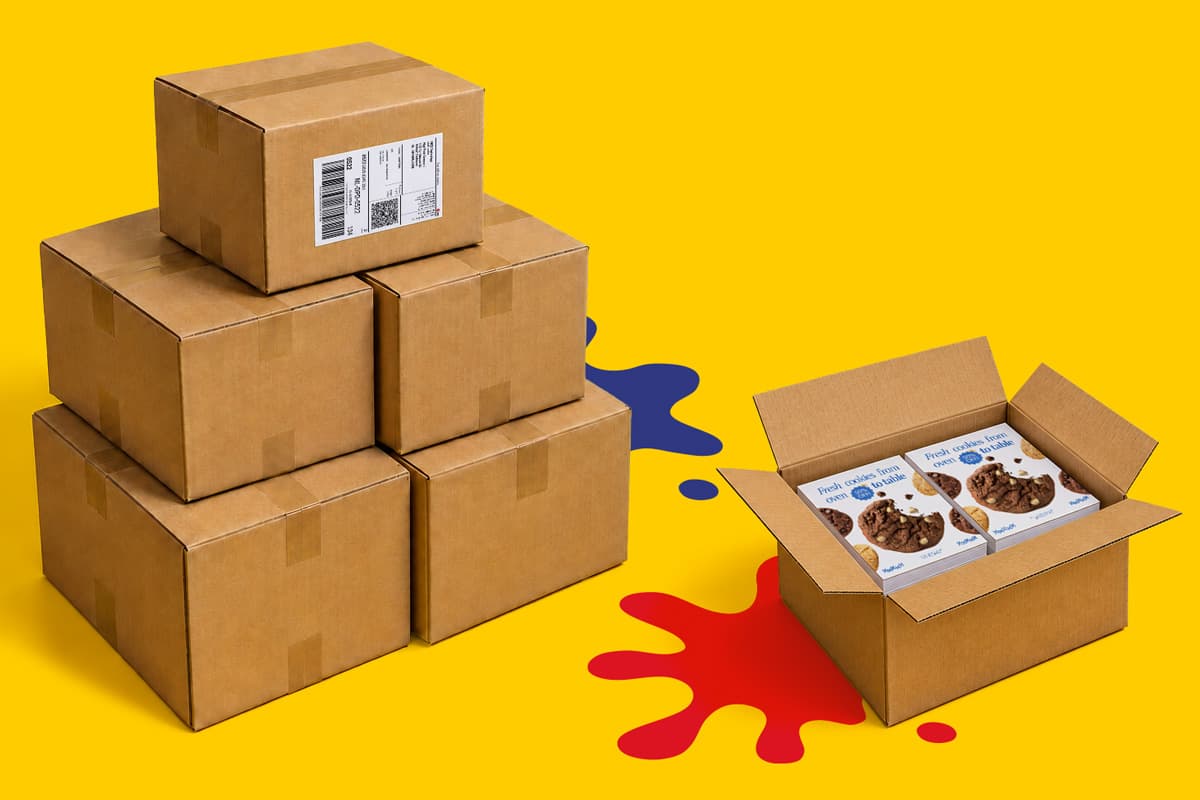 A stack of cardboard boxes next to an open box containing two cookie packages on a yellow surface.
