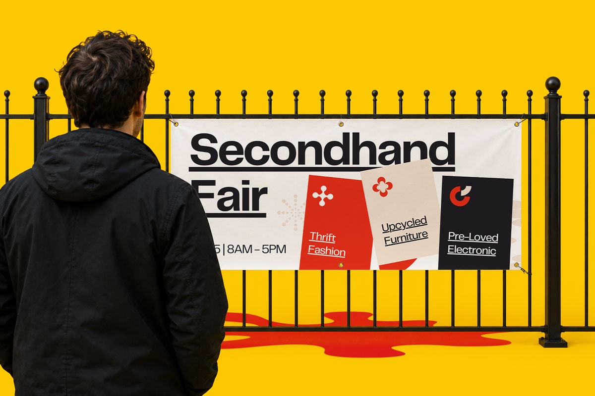 Person facing a fence with a "Secondhand Fair" banner for fashion, furniture, and electronics.