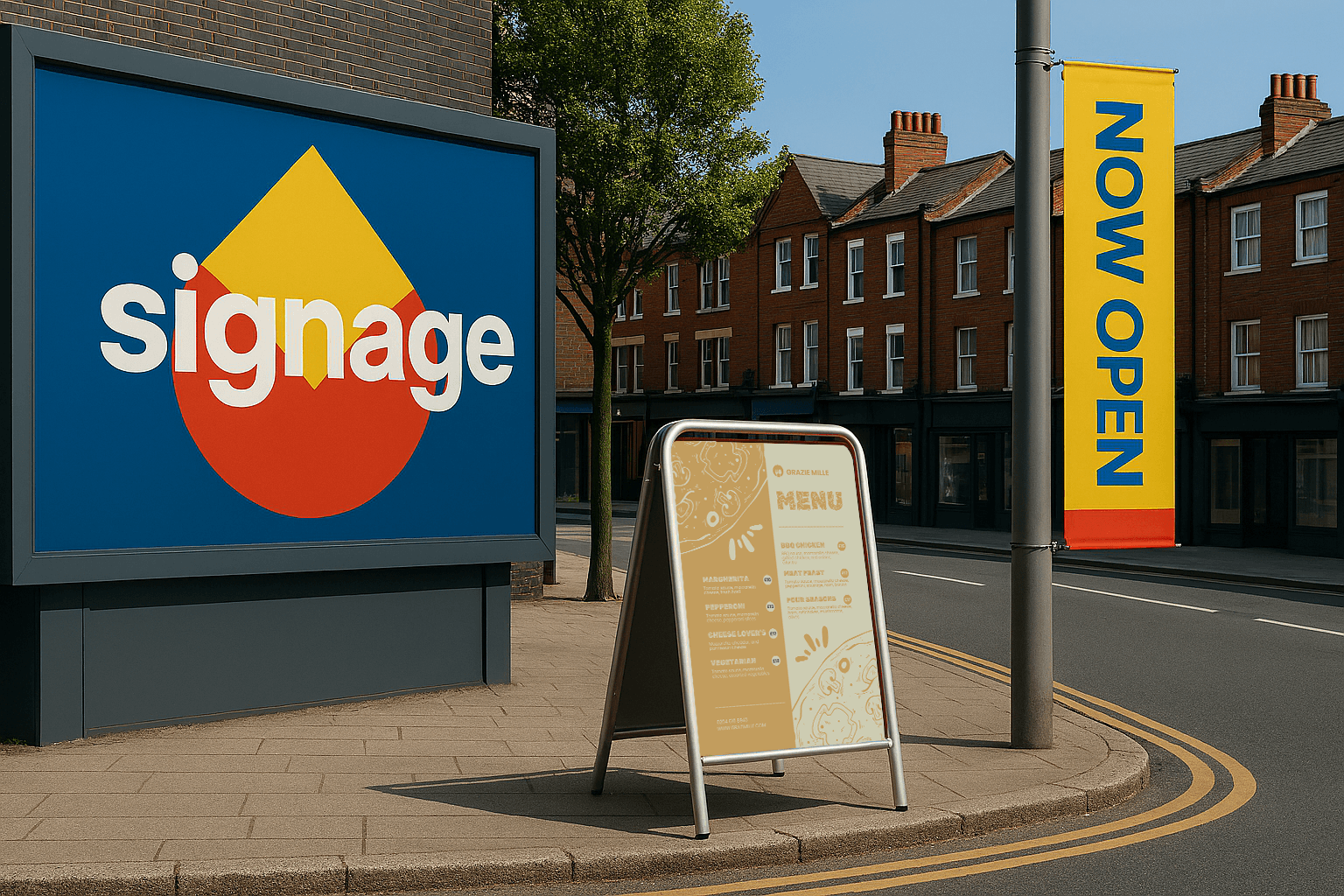 A sidewalk menu board, large signage, and a "NOW OPEN" banner on a city street corner.