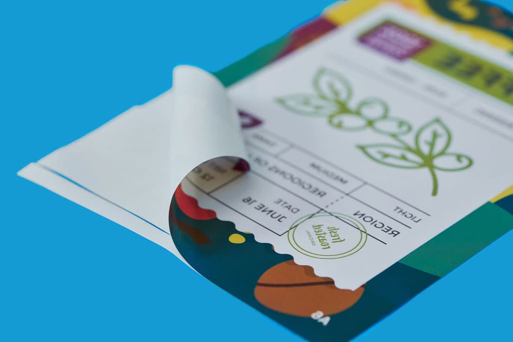 A close-up of a curled page showing labels and graphics on a colourful chart or worksheet.