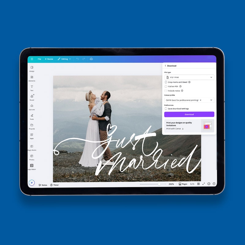 A tablet screen displays a photo editing app with a "Just Married" design on a wedding photo.
