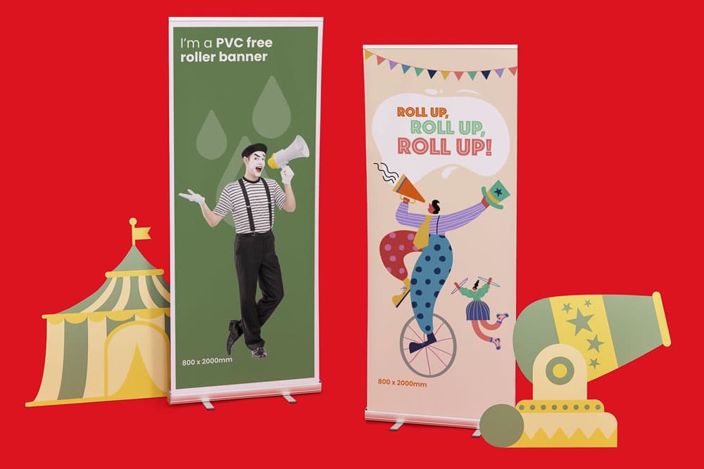 Two colourful roller banners with circus-themed designs on a red background.