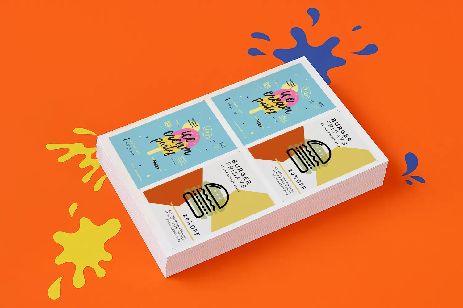 Stack of flat printed sheets on an orange surface with blue and yellow paint splatters.