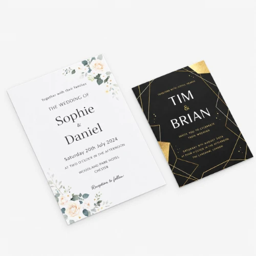 Two different wedding invitations, one white with floral design, one black with gold accents.