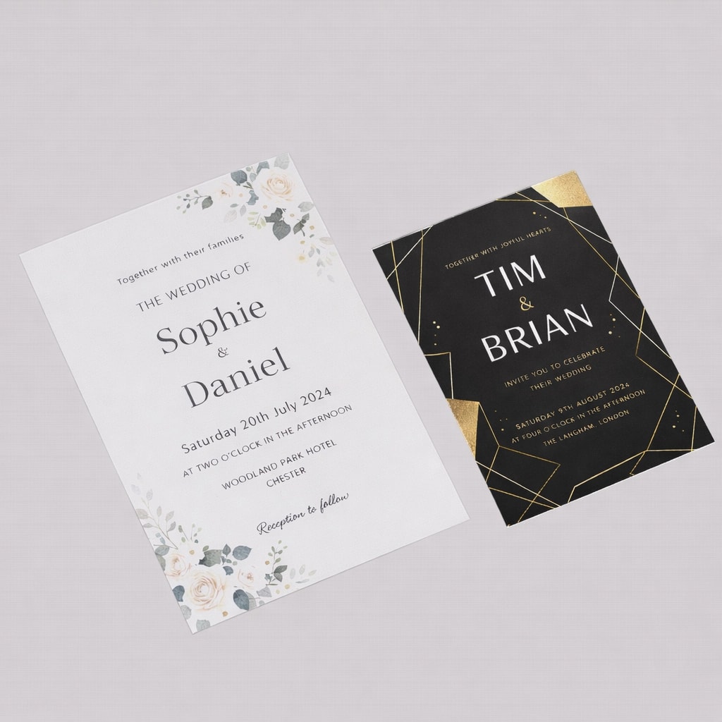 Two different wedding invitations, one white with floral design, one black with gold accents.