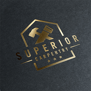 Logo for Superior Carpentry featuring golden hot foiling on matt black stock