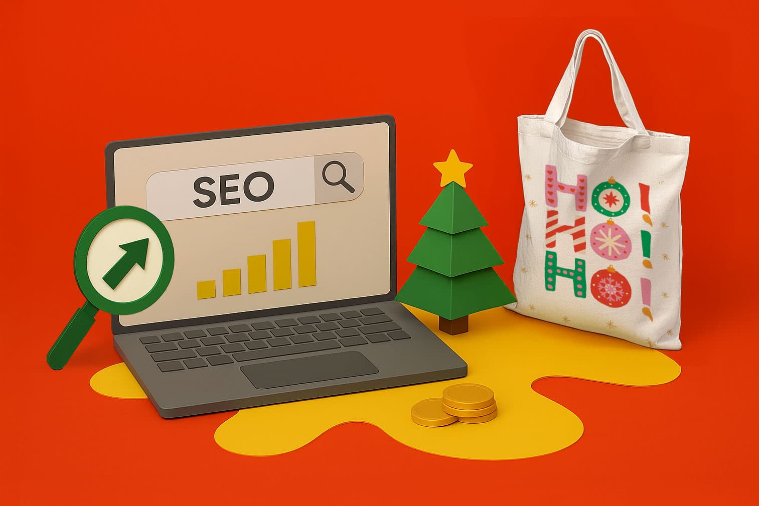 Laptop with SEO graph, magnifying glass, Christmas tree, tote bag, and coins on red background.