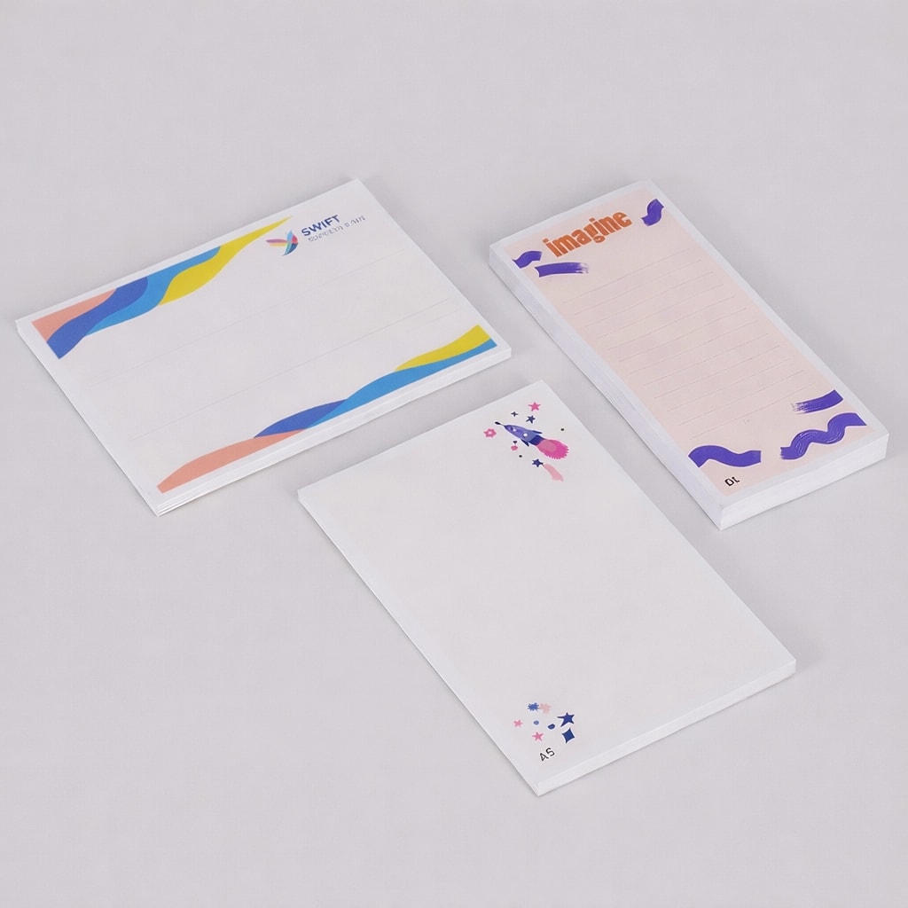 Three decorated notepads with different designs and lined or blank pages on a plain background.