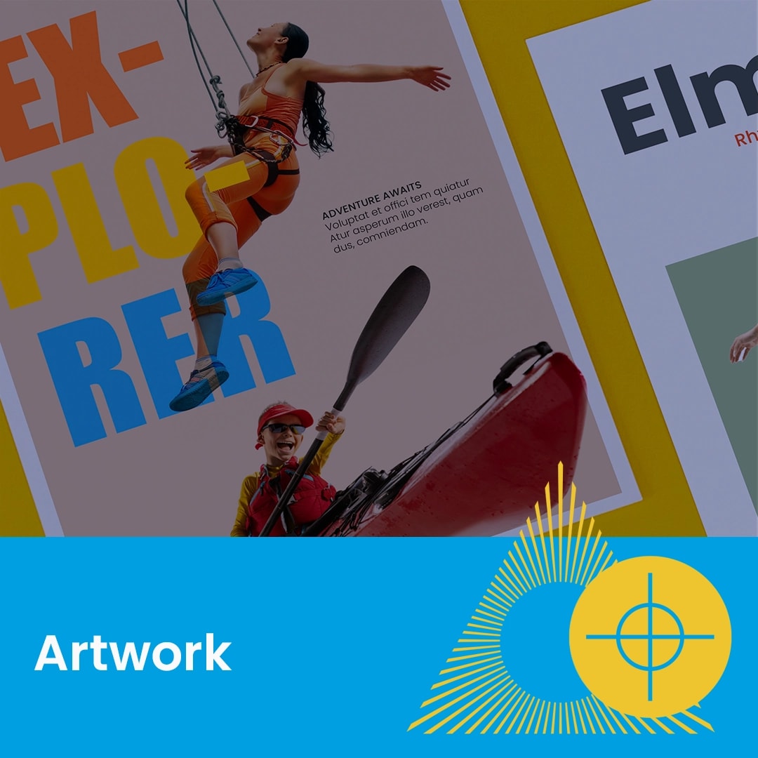 A close-up of colorful posters and a blue banner labeled "Artwork" with a graphic icon.