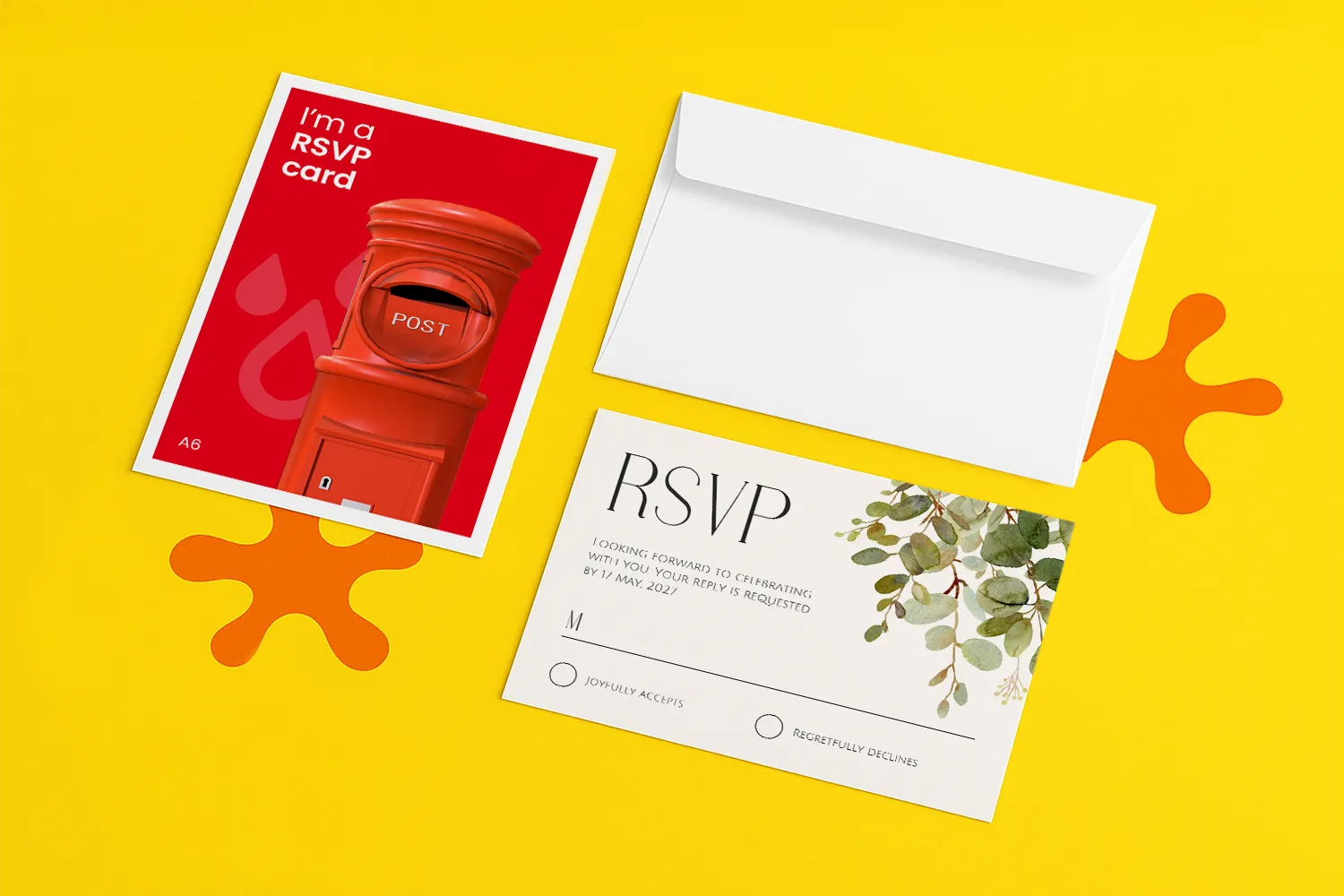 Two RSVP cards and an envelope on a yellow background with orange decorative shapes.