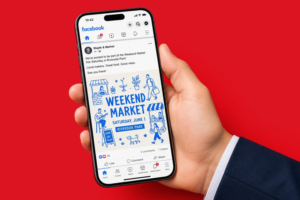 Hand holding a phone displaying a Facebook post for a weekend market event on a red background.