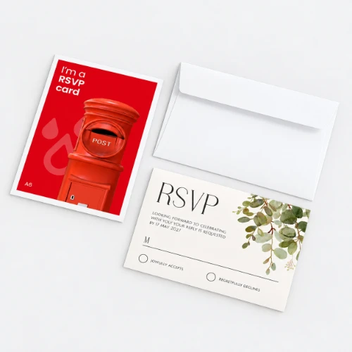 A red RSVP postcard featuring a mailbox, a matching white envelope, and an RSVP response card.