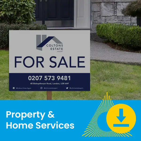 For sale sign in front of a house with lawn, advertising property and home services.