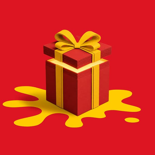Red gift box with yellow ribbon sits on a yellow splash shape against a red background.