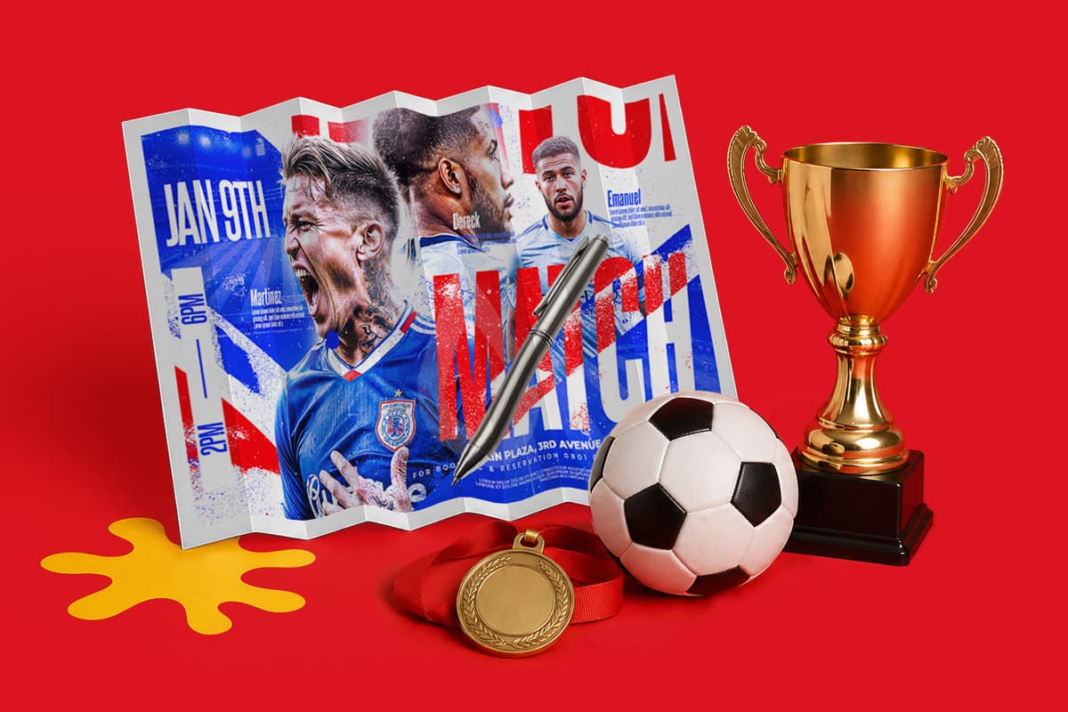 A soccer flyer, ball, trophy, medal, and pen arranged on a red background.
