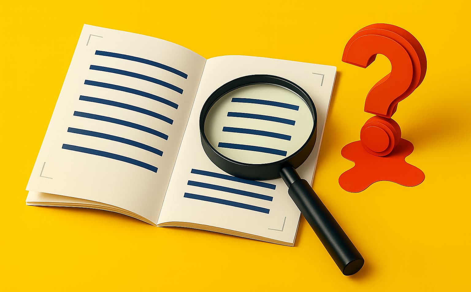 Open book with a magnifying glass and a red question mark on a yellow background.