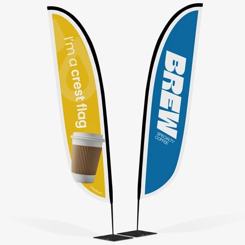 Two vertical feather flags, one yellow with a coffee cup, one blue with the word "BREW".
