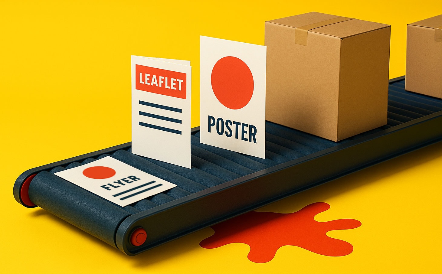 Printed materials and boxes move on a conveyor belt against a yellow background.