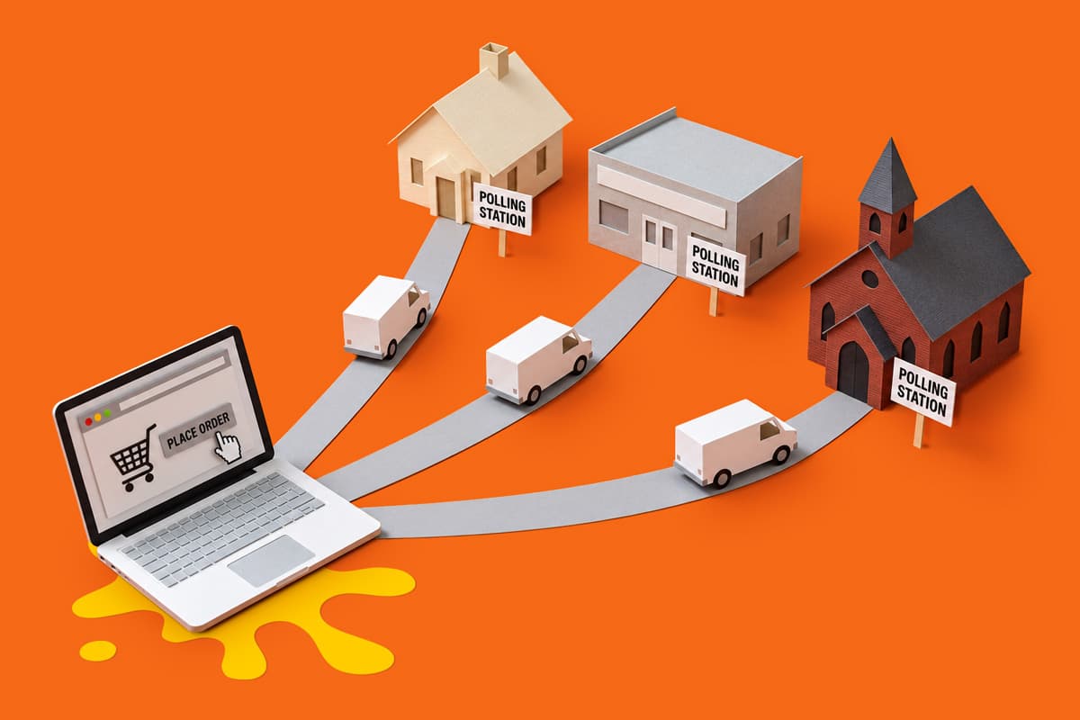 Laptop sends orders to vans delivering to polling stations at buildings and a church.
