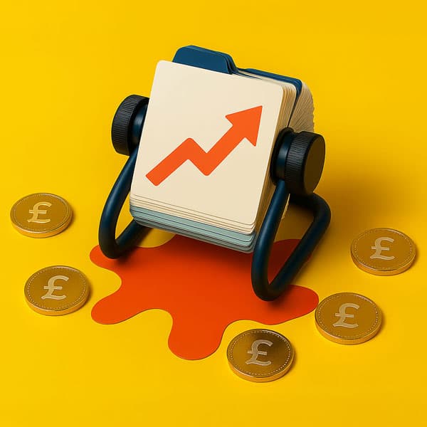 The image shows pound coins and a card with an upward arrow, symbolizing financial growth.