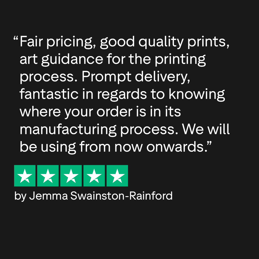A five-star customer review praising pricing, quality, and service from Jemma Swainston-Rainford.