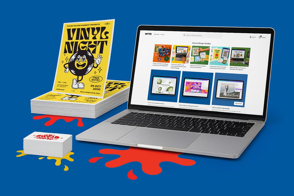 A laptop, flyers, and business cards displayed on a blue background with red and yellow splashes.