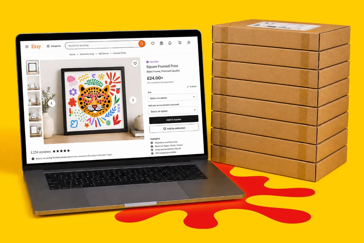 Laptop displaying an Etsy art print listing beside a stack of brown shipping boxes on yellow.