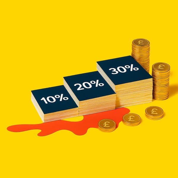Three stacks labeled 10%, 20%, 30% with coins beside them on a yellow background.