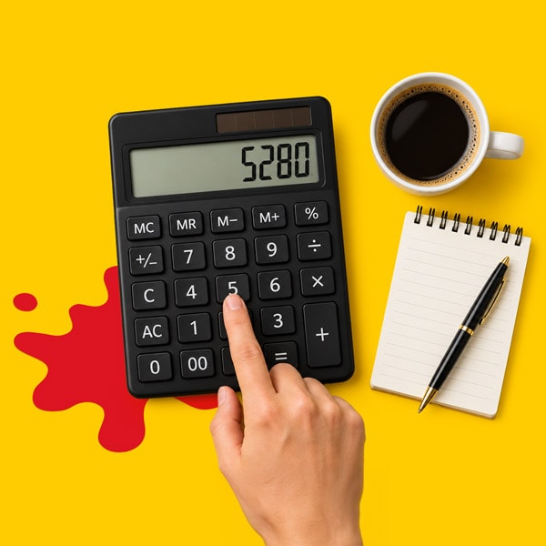 A hand pressing the number 5 on a calculator next to a notepad, pen, and a cup of coffee.