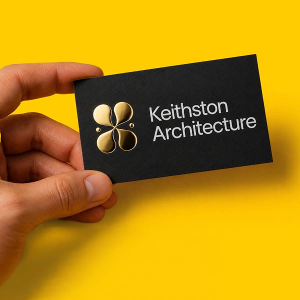 Hand holding a black Keithston Architecture business card with gold logo on a yellow background.