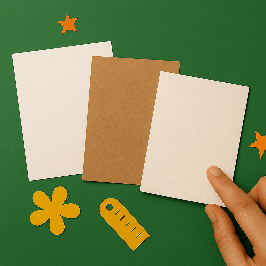 Hand choosing between three paper stock options with yellow paper shapes on a green surface.
