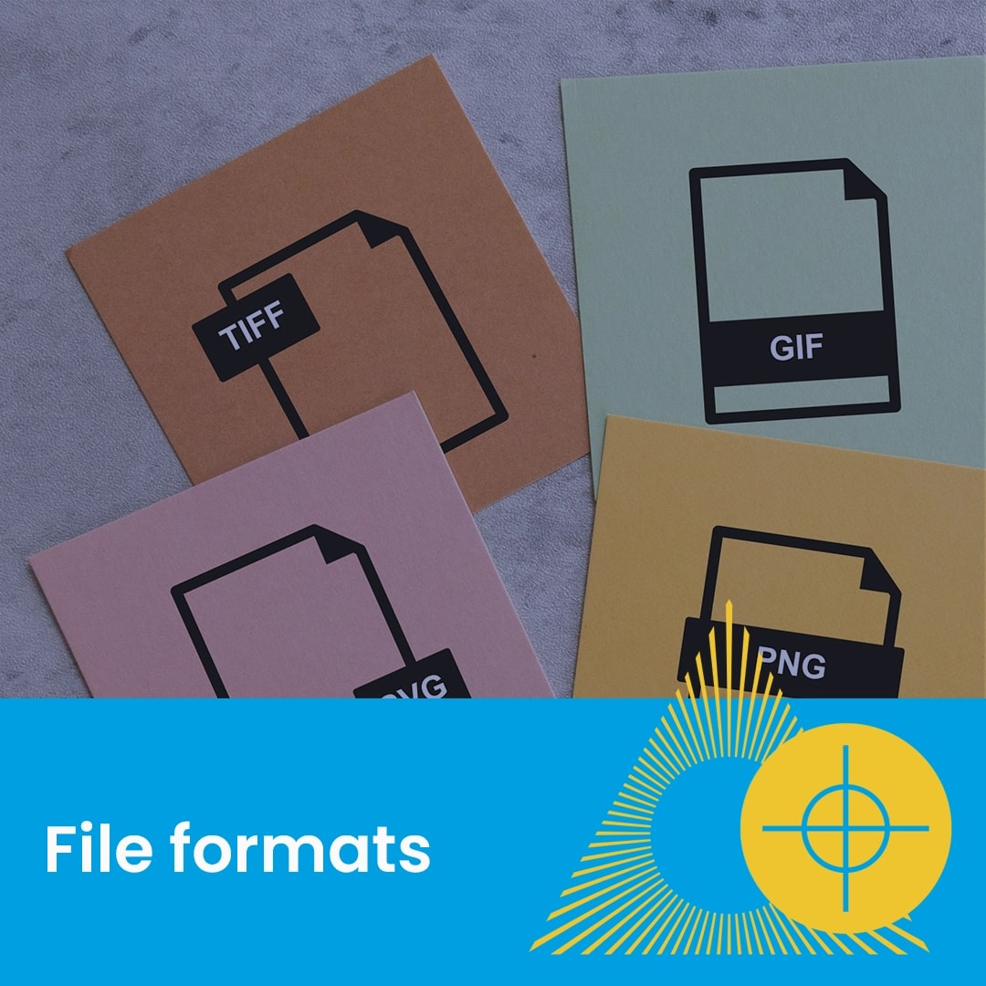 Four cards labeled TIFF, GIF, JPG, and PNG illustrate different file formats.