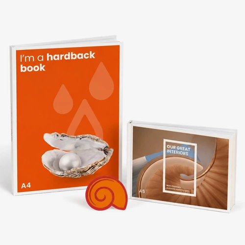 Two books, one with an orange cover and one with a photo cover, next to a shell-shaped object.
