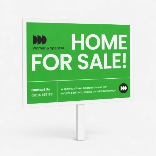 Green "Home For Sale" sign with agency name, contact info, and property description.