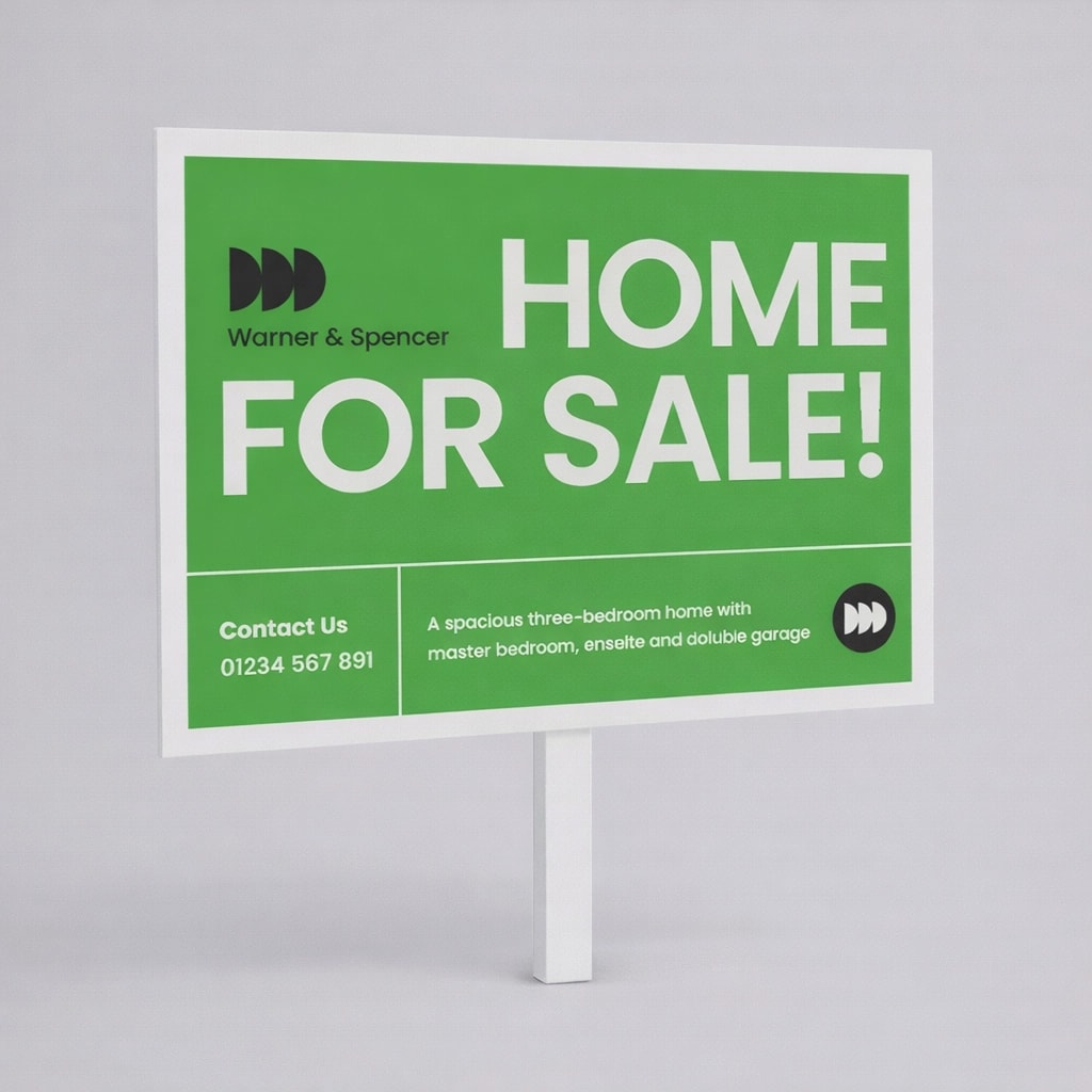 Green "Home For Sale" sign with agency name, contact info, and property description.