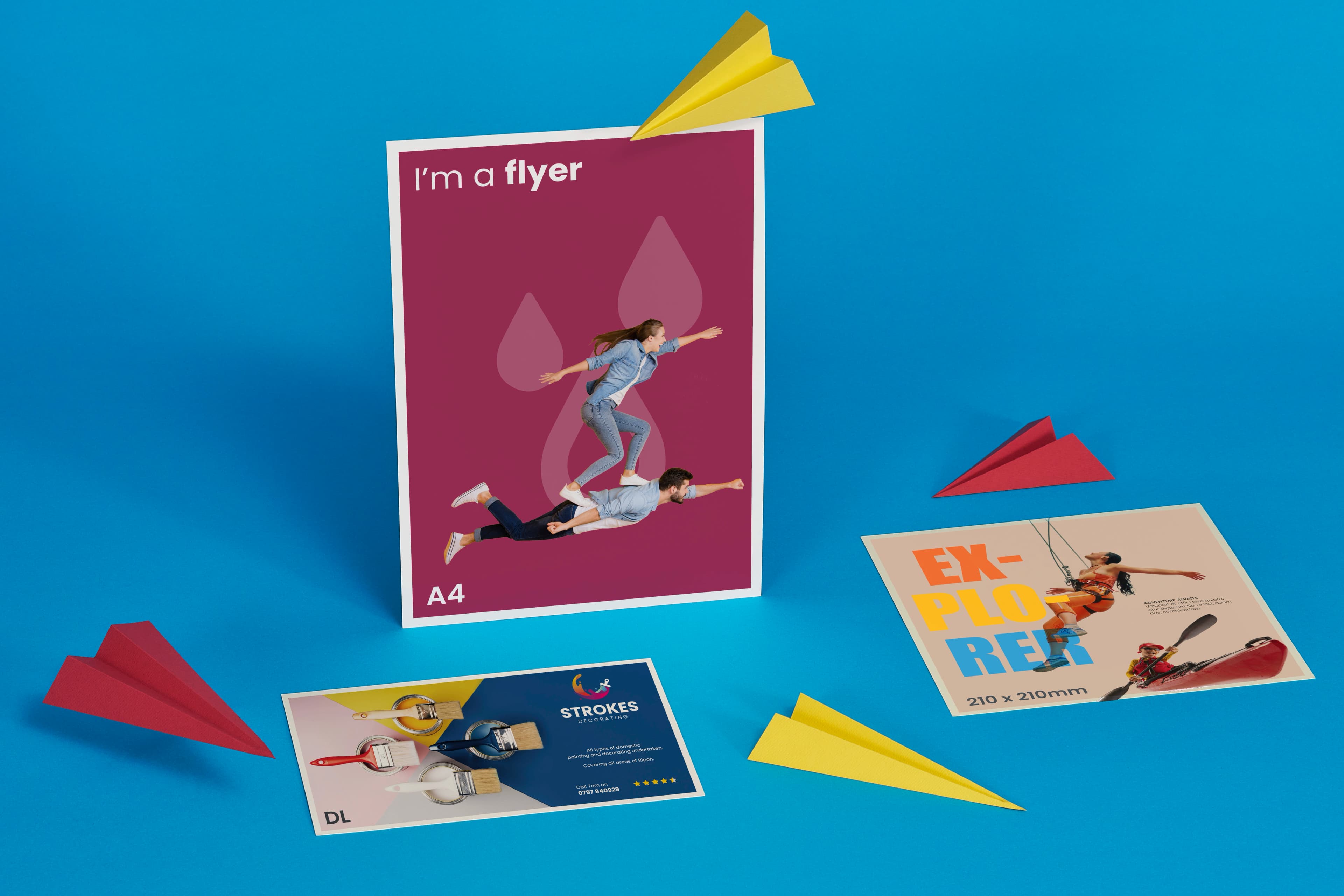 Assorted flyers and paper airplanes displayed on a blue background.