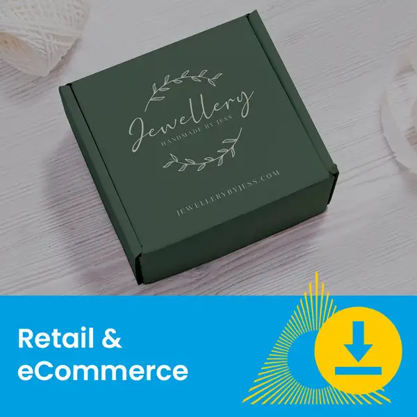 Dark green jewelry box on a light surface, with “Retail & eCommerce” label below.