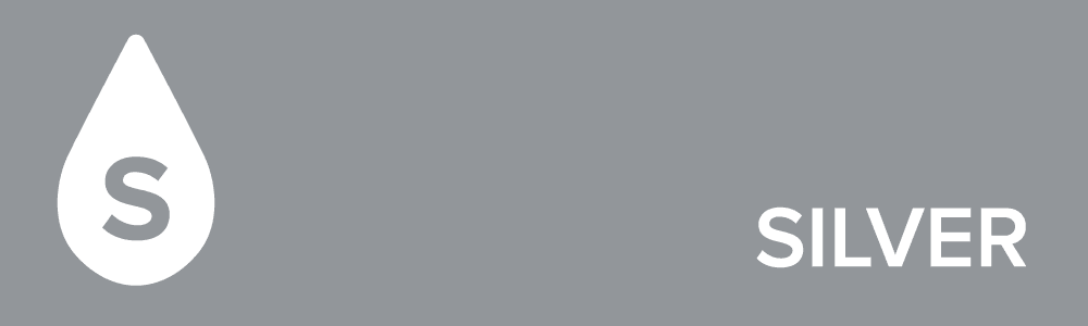 A gray background with a white drop icon containing an "S" and the word "SILVER" in bold text.