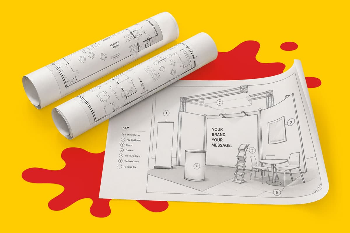 Three rolled and one open architectural blueprint on a yellow background with red paint splatters.