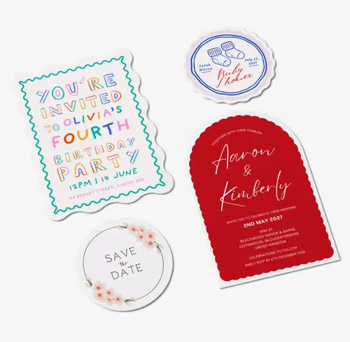 Four decorative invitation cards for different events are arranged on a gray background.
