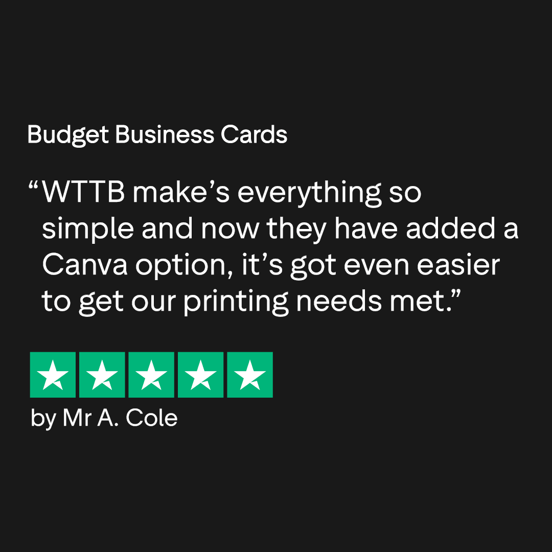 A customer review praises WTTB's business cards and new canvas option, rated 5 stars.
