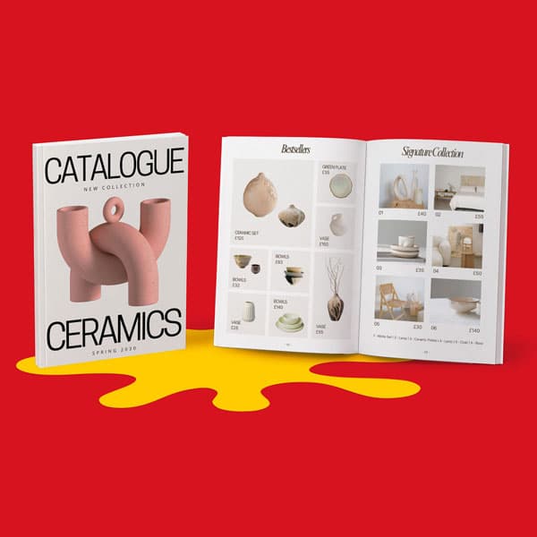 Ceramics catalogue and open pages displaying products on a red background with yellow accent.