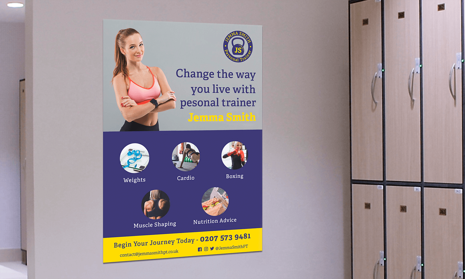 A fitness poster for personal trainer Jemma Smith displayed on a wall near lockers.