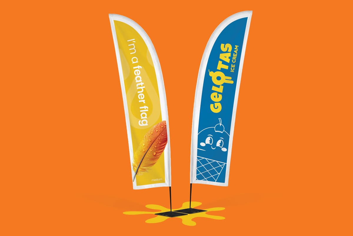 Two vertical feather flags on stands, one yellow and one blue, against an orange background.