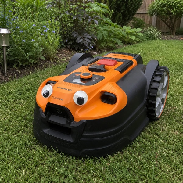 An orange robotic lawn mower with googly eyes on a grass lawn in a garden.