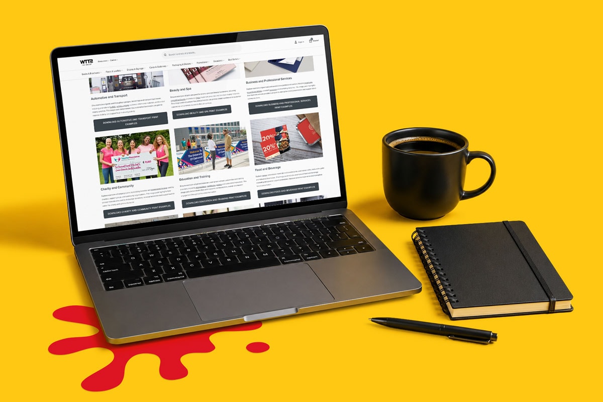Stack of product brochures with a cover image of a woman holding a book, on a yellow background.