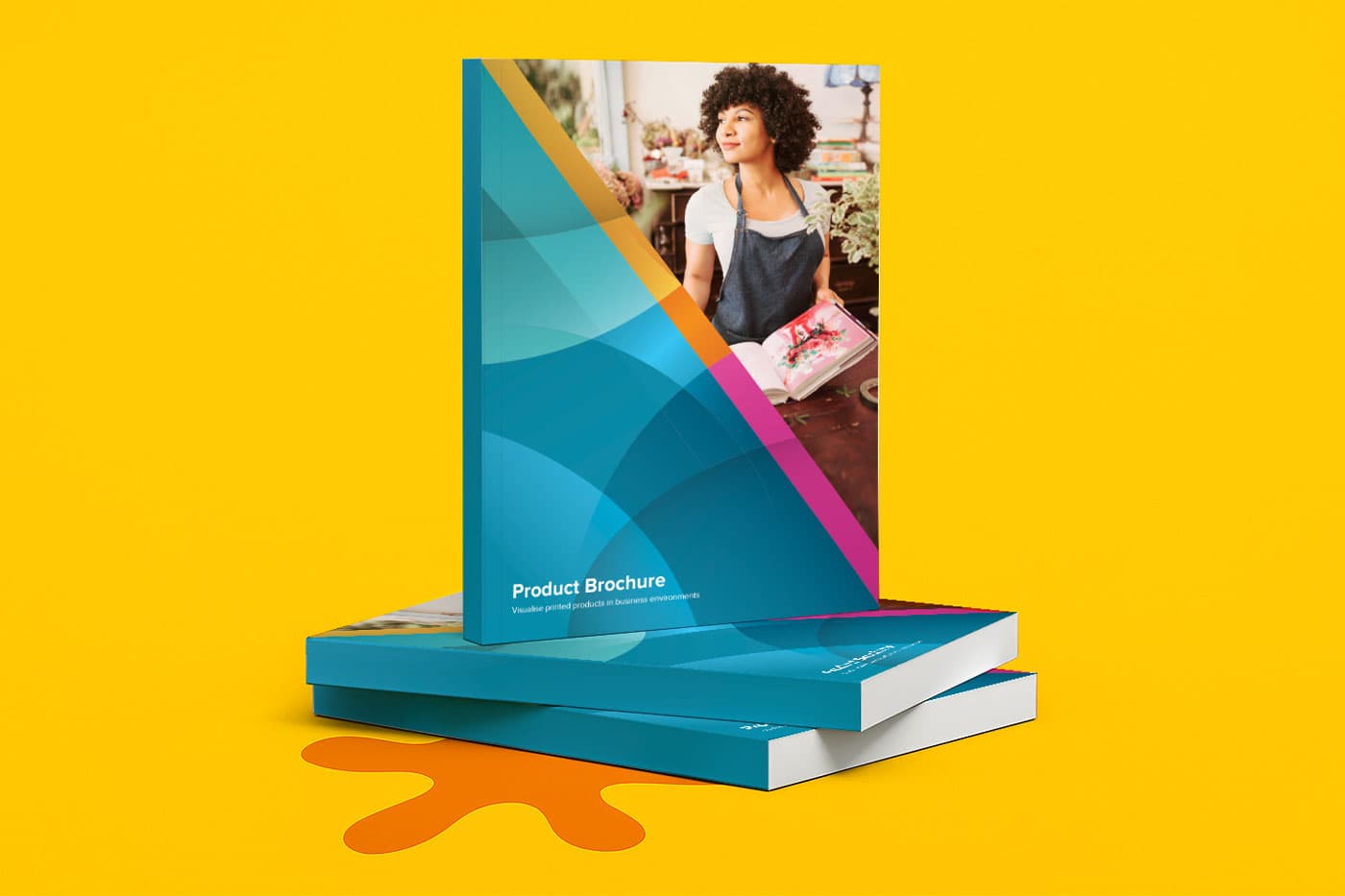 Stack of product brochures with a cover image of a woman holding a book, on a yellow background.