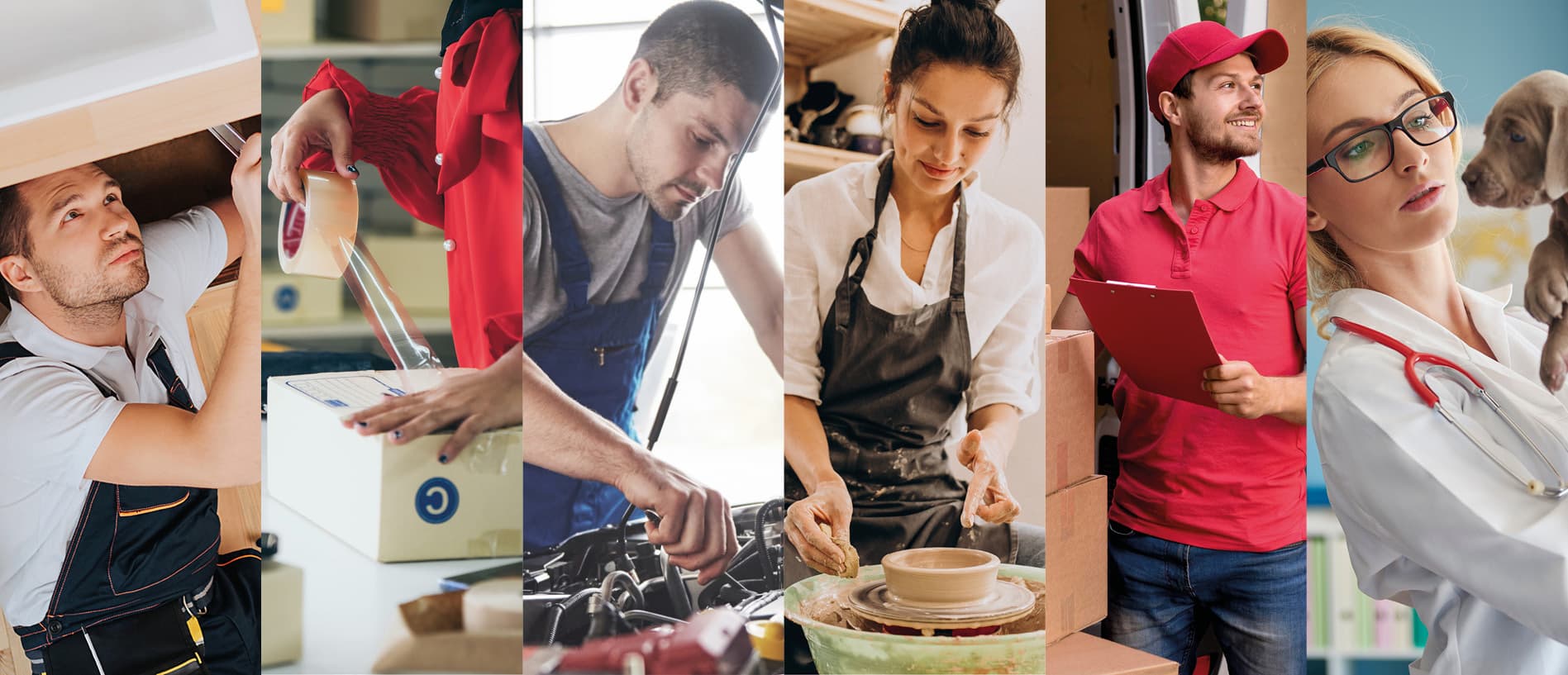 Collage of people working in different professions, including repair, delivery, art, and veterinary care.